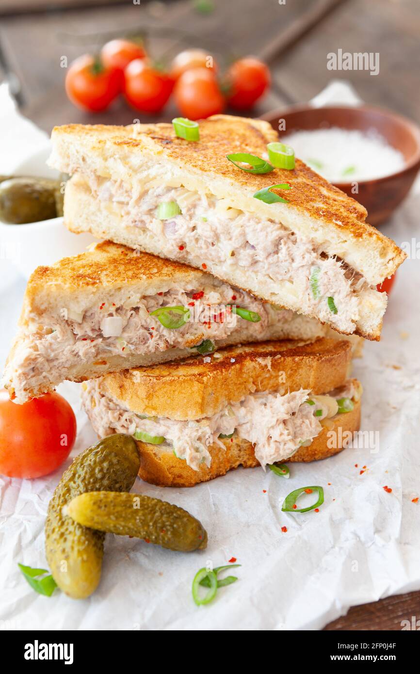 Grilled sandwich with tuna and melted cheese Stock Photo Alamy