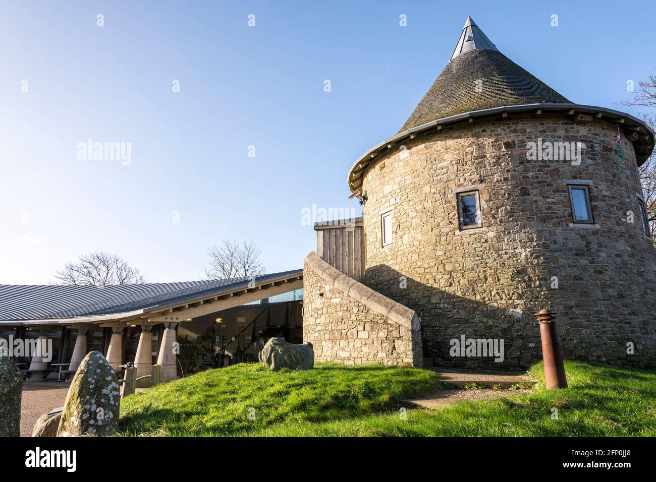 The round tower at Oriel y Parc in St Davids.  It's a bright, sunny, winter morning, the sky is blue and nobody is about. Stock Photo