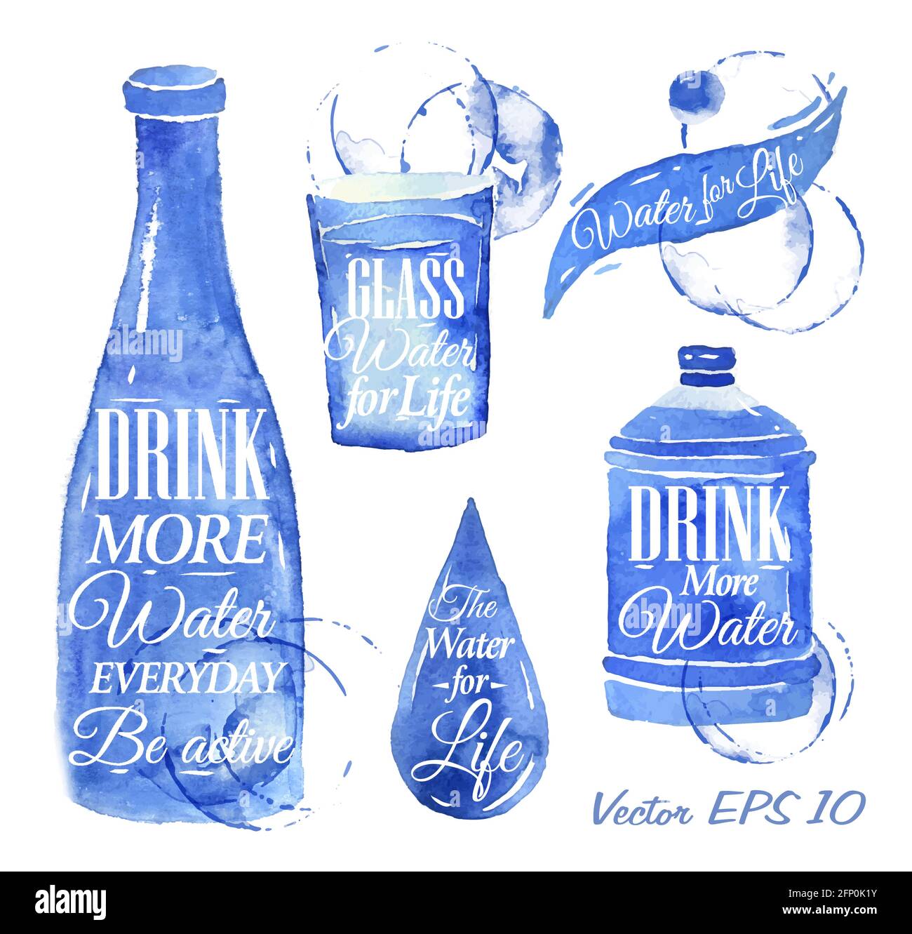 Pointer drawn pour water with the inscription water drink more water, Water for Life with splashes and blots prints bottle, of water, glass, drop, bot Stock Vector
