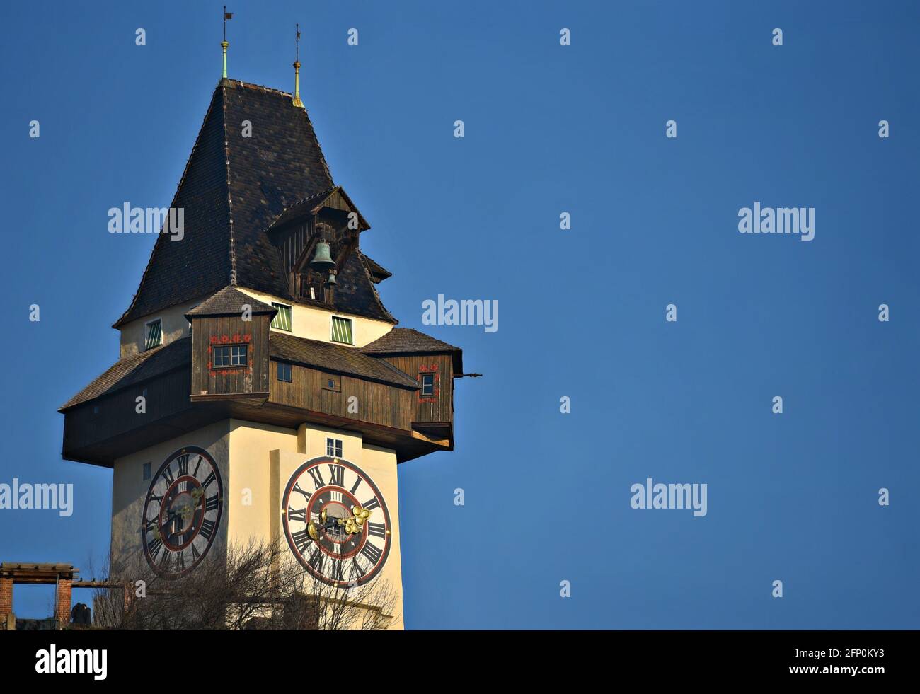 Landscape with panoramic view of Uhrturm, a 13th-century medieval clock ...