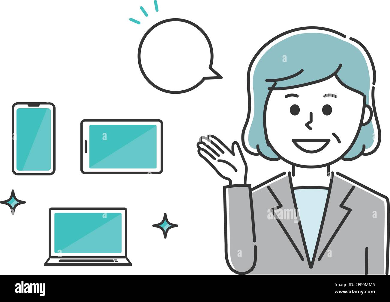 Happy office worker showing handheld devices. Vector illustration isolated on white background. Stock Vector