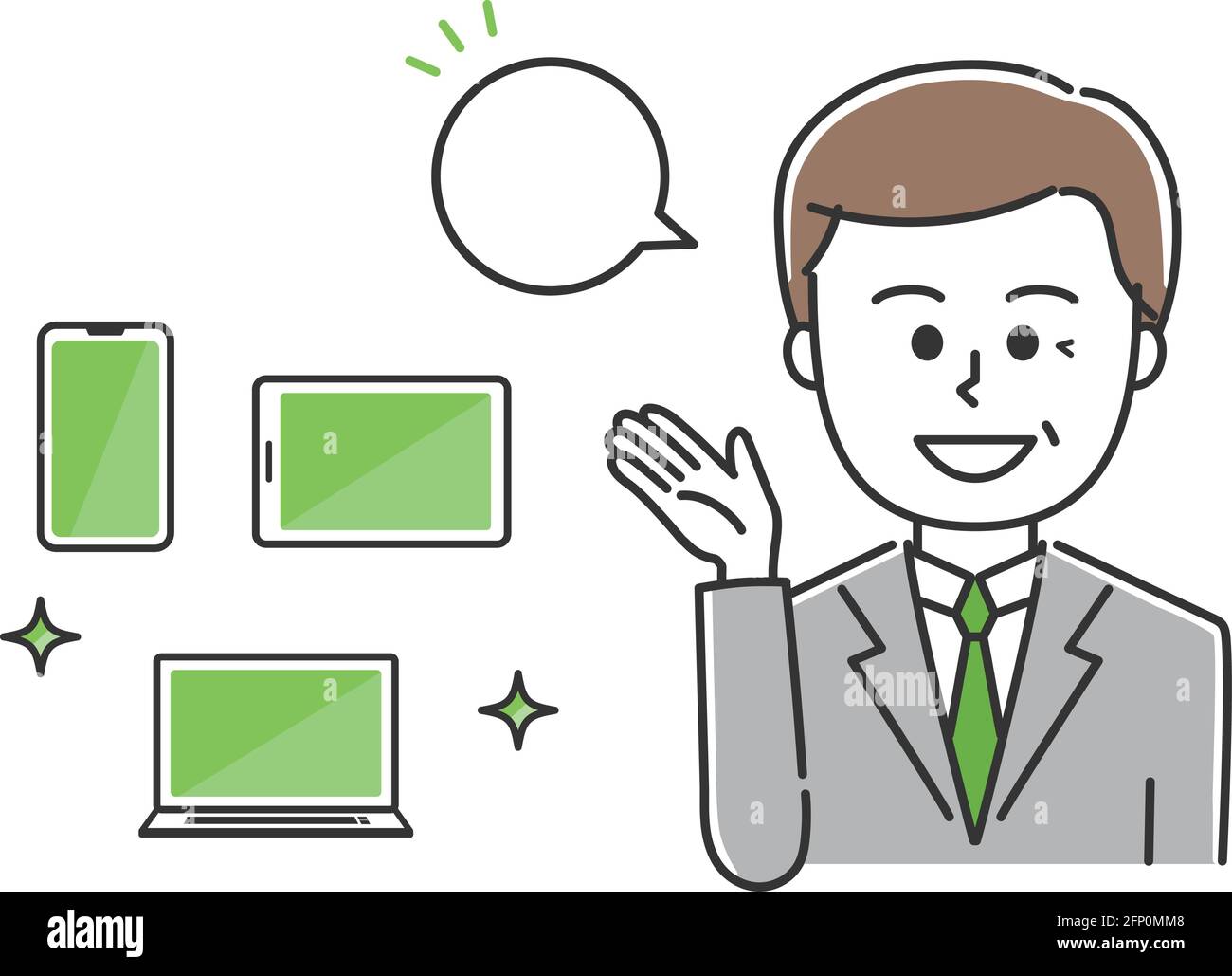 Happy office worker showing handheld devices. Vector illustration isolated on white background. Stock Vector