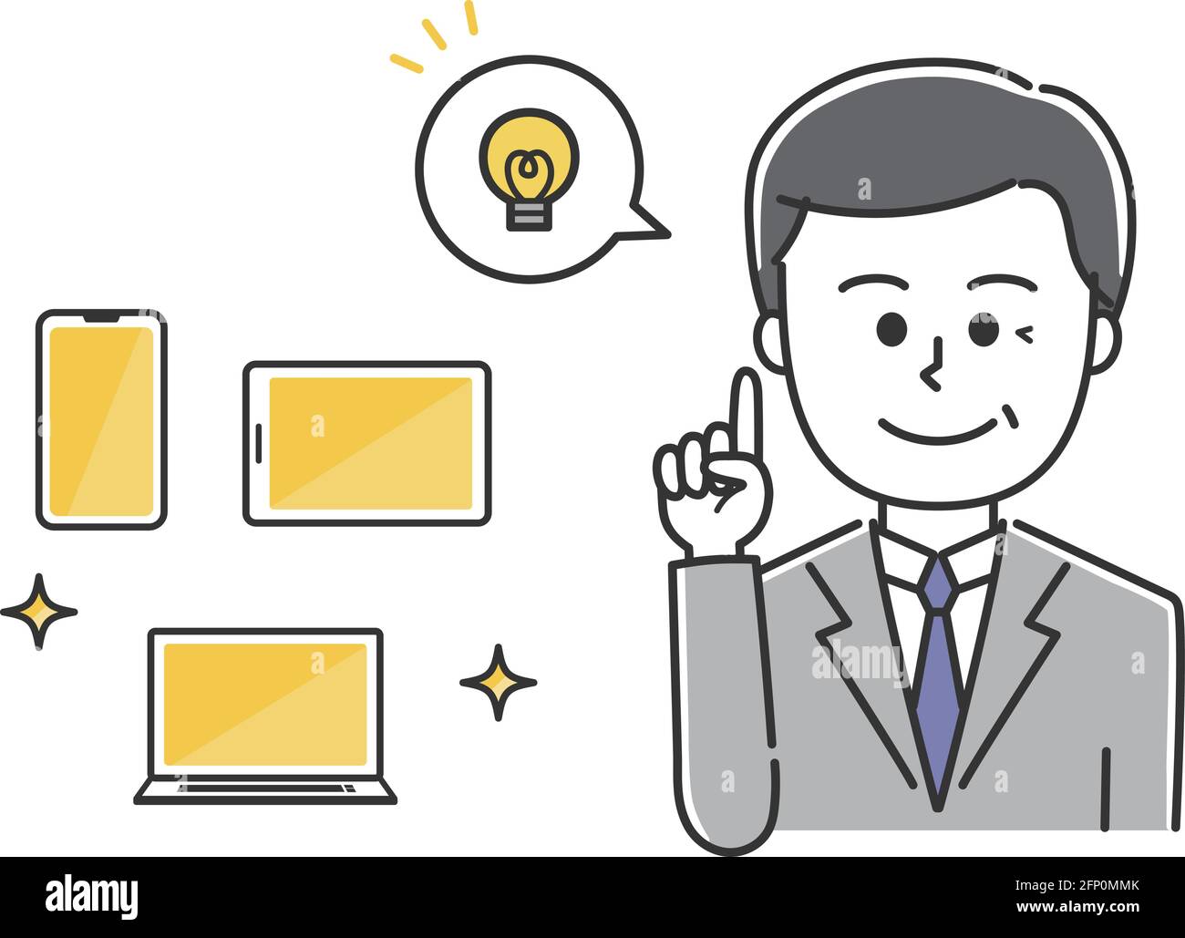 Store clerk explaining handheld devices. Vector illustration isolated on white background. Stock Vector