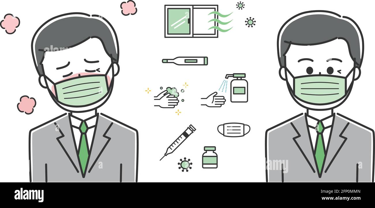 Office worker having a fever with countermeasures against covid-19. Vector illustration isolated on white background. Stock Vector
