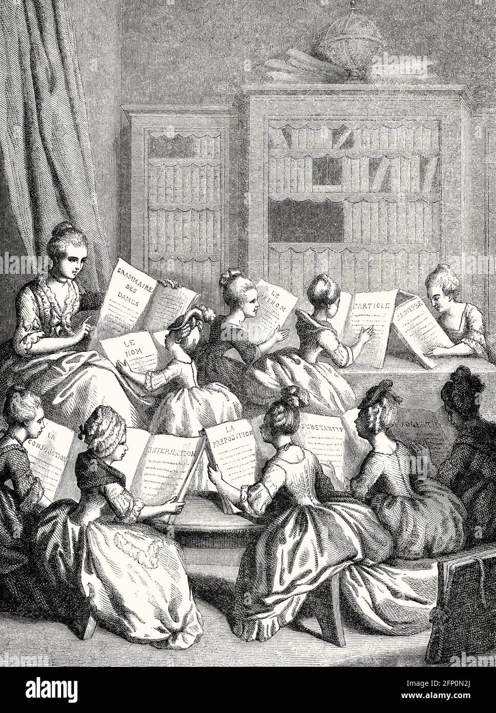 Elegant ladies in a Women's literary salon, the muses as young girls, antique print by Eustache Lorsay, 19th century, Stock Photo