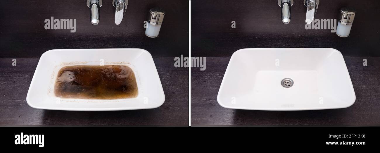 Bathroom sink before and after cleaning the blockage, dirty and clean ...