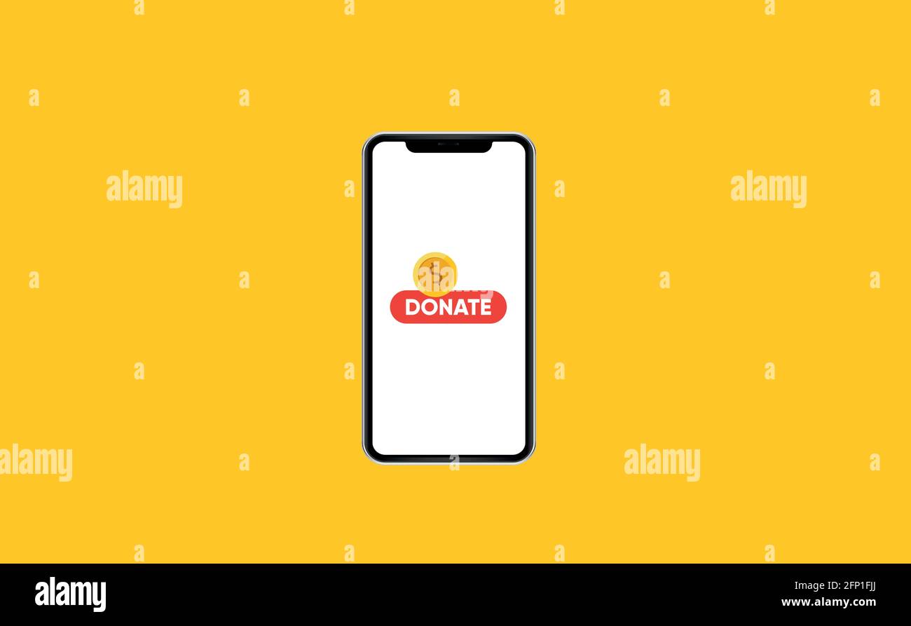 Donate online concept. Smartphone with gold coin and button on screen. Stock Vector