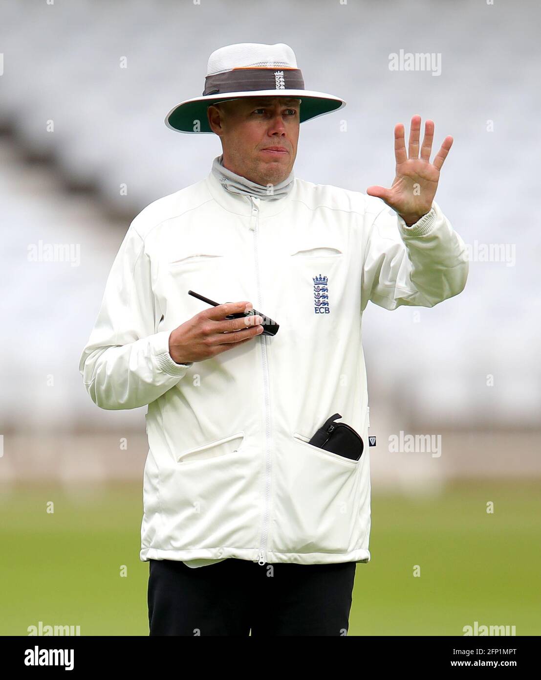 Umpire Billy Taylor during day one of the LV= Insurance County Championship match at Trent Bridge, Nottingham. Picture date: Thursday May 20, 2021. Stock Photo