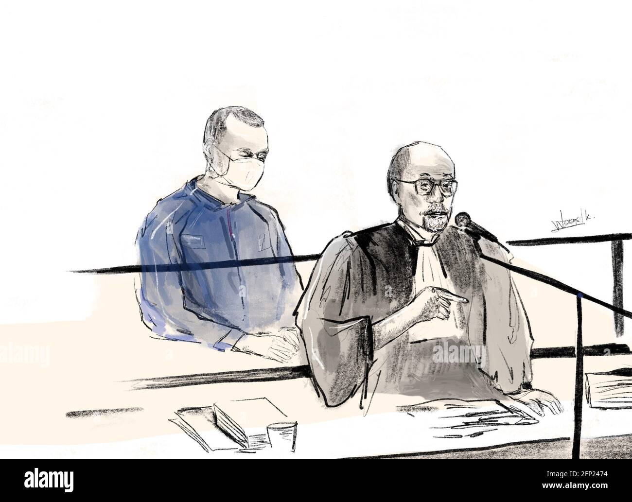 This drawing by Janne Van Woensel Kooy shows the acccused and lawyer ...