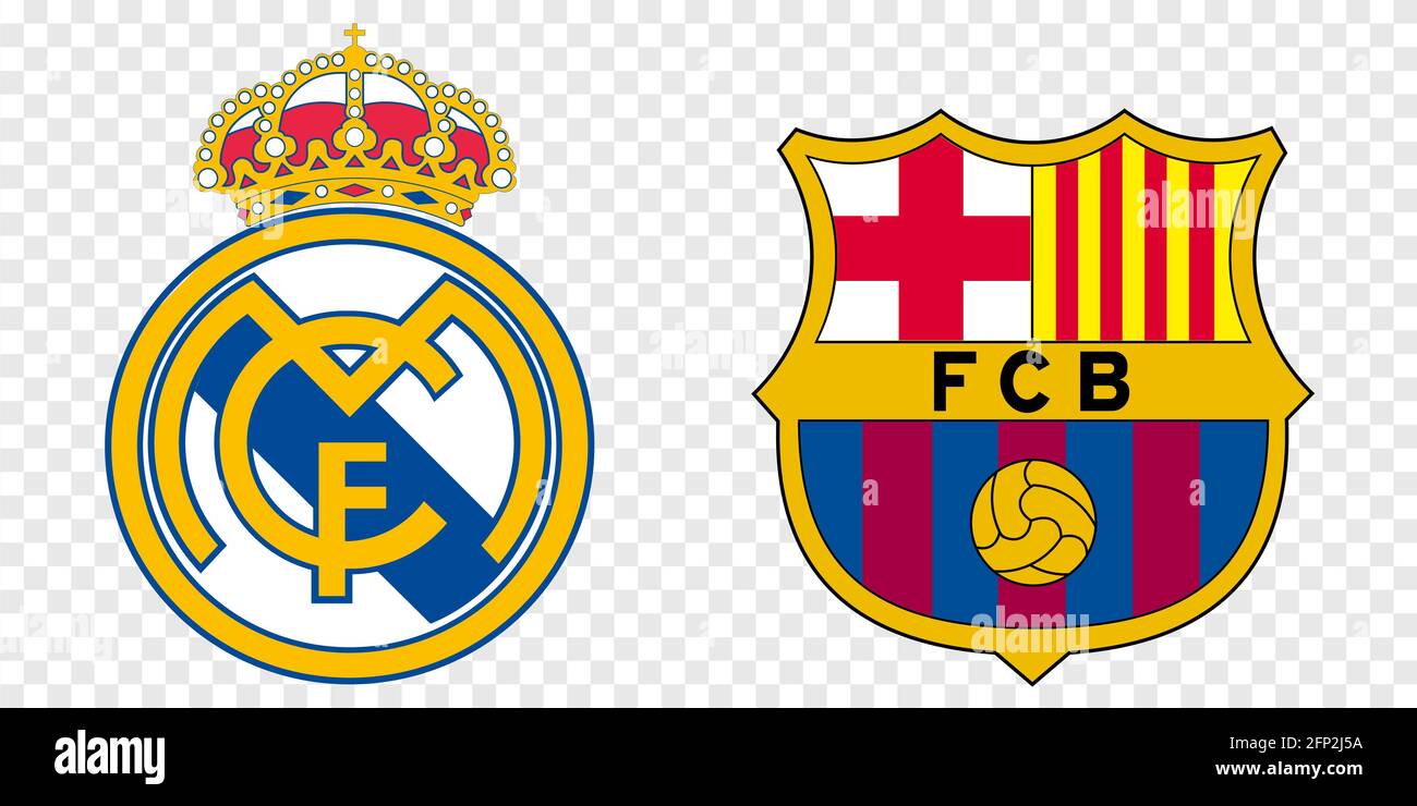 Vinnytsia, Ukraine - May 19, 2021: Logos of two best spanish football clubs: FC Barcelona and Real Madrid. Vector isolated on transparent background Stock Vector