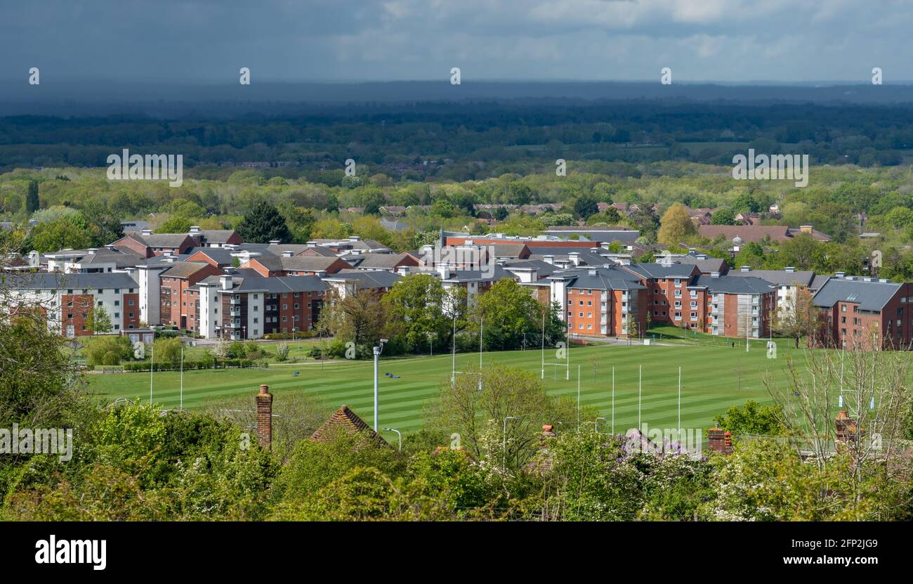 University of Surrey Manor Park campus student accommodation in Guildford, Surrey, UK. Halls of residence viewed from The Mount. Stock Photo