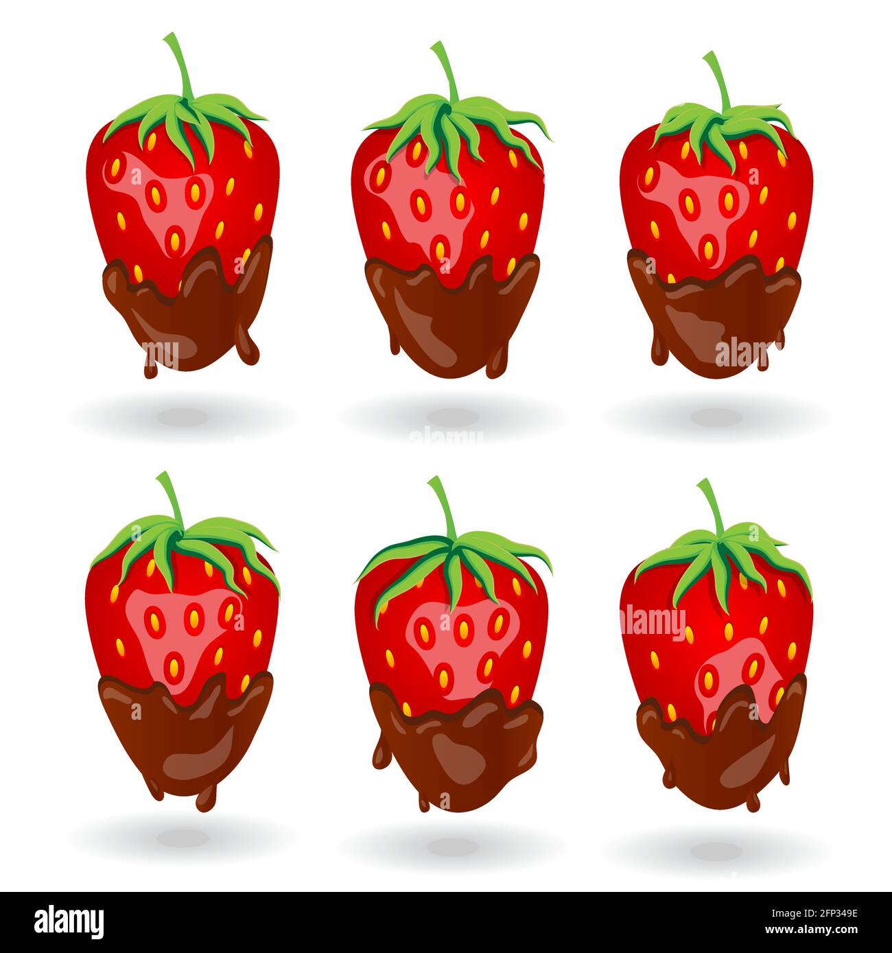 Six strawberry berries in chocolate under different lighting angle cast shadows Stock Vector