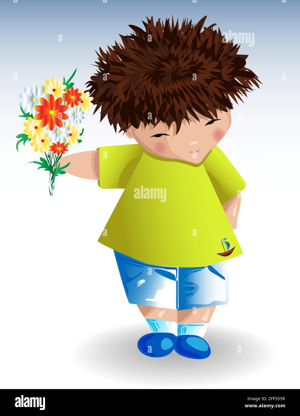 A boy in a green T-shirt with a painted anchor, blue shorts on a light background with a bouquet of flowers in his hand. Recreation, marine subjects, Stock Vector