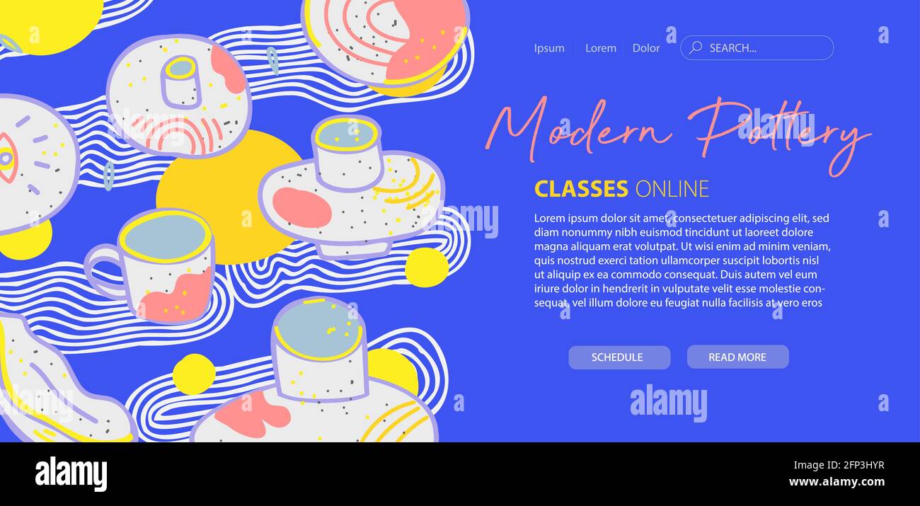 Modern pottery website template, web page, landing page. Design for developing website and mobile site. Pottery school, ceramics courses, master class Stock Vector