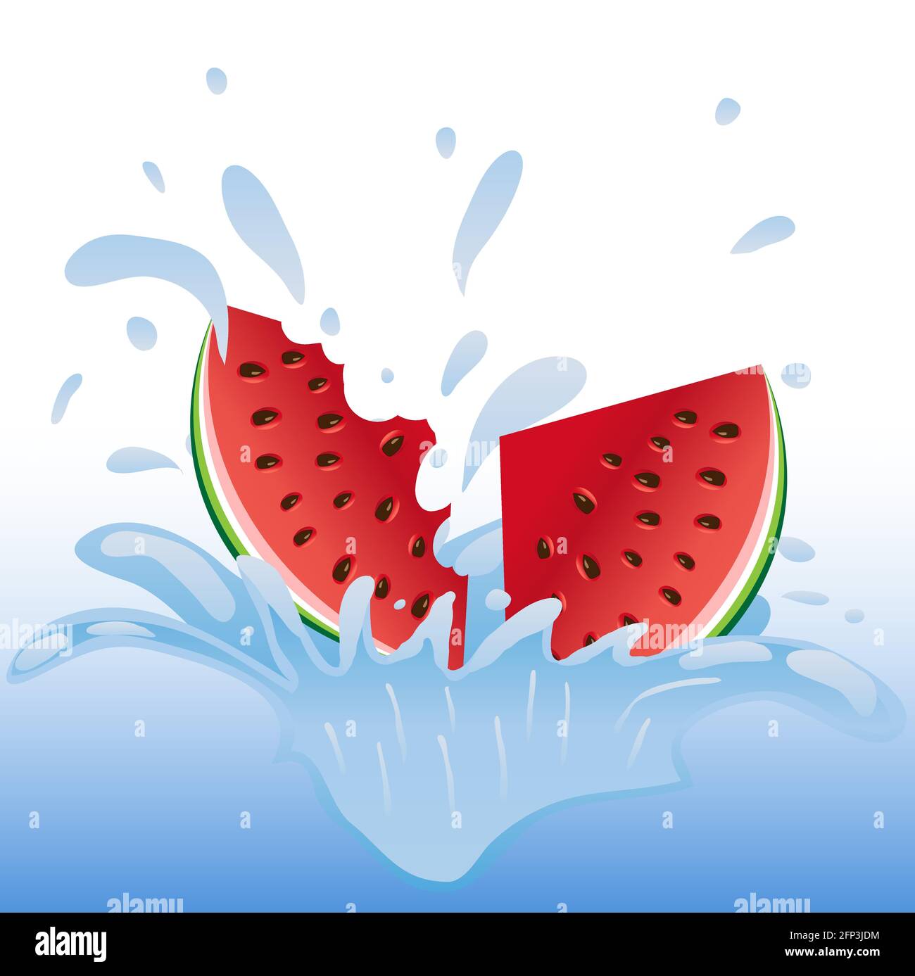 Fruits, berries falling in water, watermelon. Splash of water. Drops flying in the air, water spray. Stock Vector