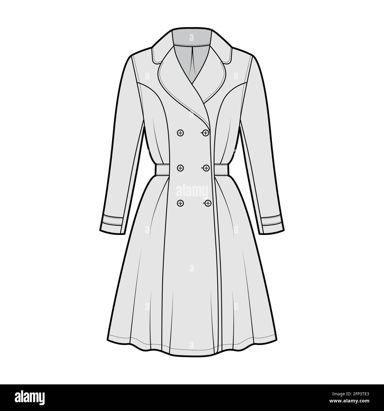 Dress coat trench technical fashion illustration with double breasted