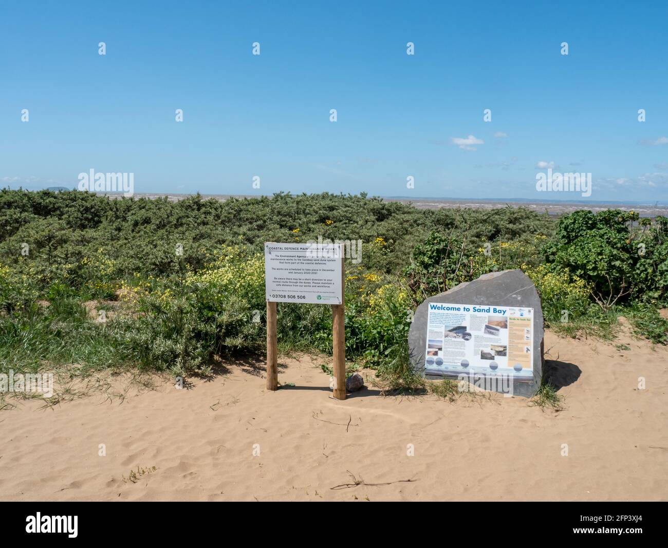 Information signs at Sand Bay, near Weston-super-Mare in North Somerset, UK Stock Photo