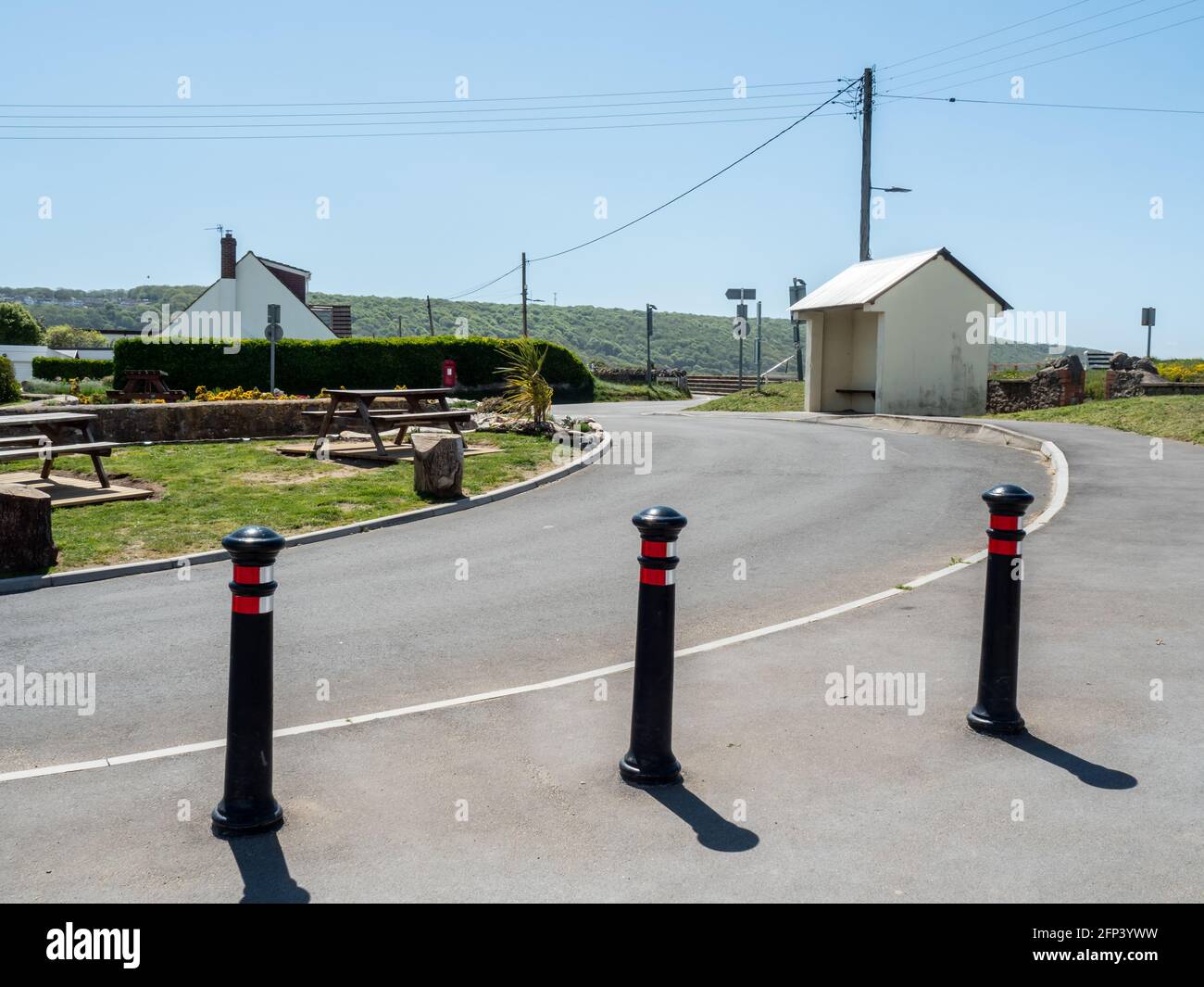 The Bus Stop and Shelter at Sand Bay, near Weston-super-Mare, in North Somerset, UK. Stock Photo
