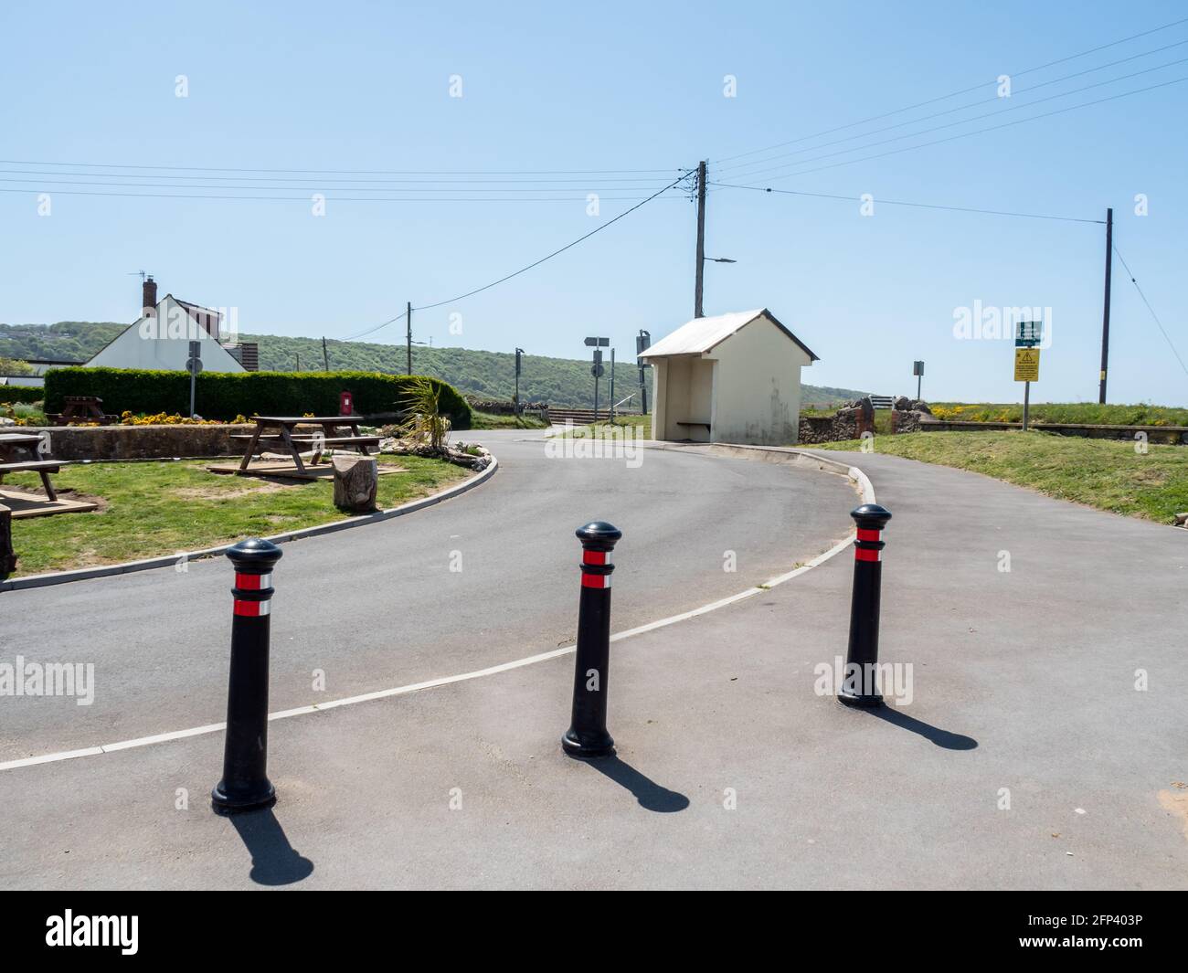 The Bus Stop and Shelter at Sand Bay, near Weston-super-Mare, in North Somerset, UK. Stock Photo