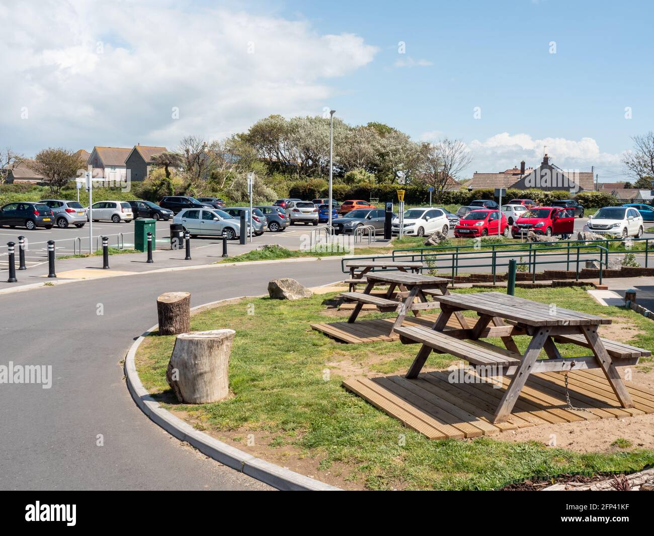 Car parking spaces at Sand Bay, near Weston-super-Mare in North Somerset, complete with small picnic and rest area. Stock Photo