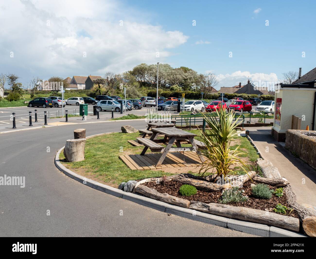 Car parking spaces at Sand Bay, near Weston-super-Mare in North Somerset, complete with small picnic and rest area. Stock Photo