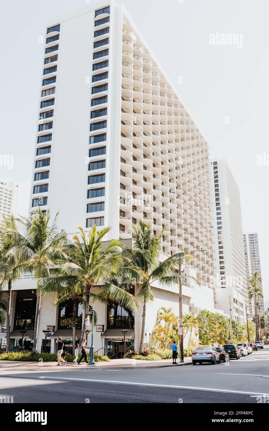 Street corner and hotel on Waikiki beach Stock Photo