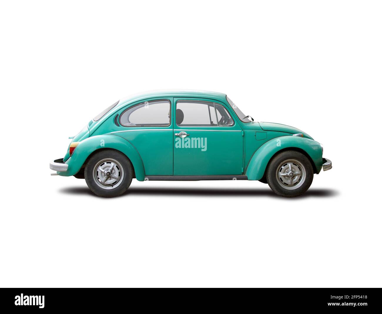 Green classic VW Beatle side view isolated on white background Stock Photo