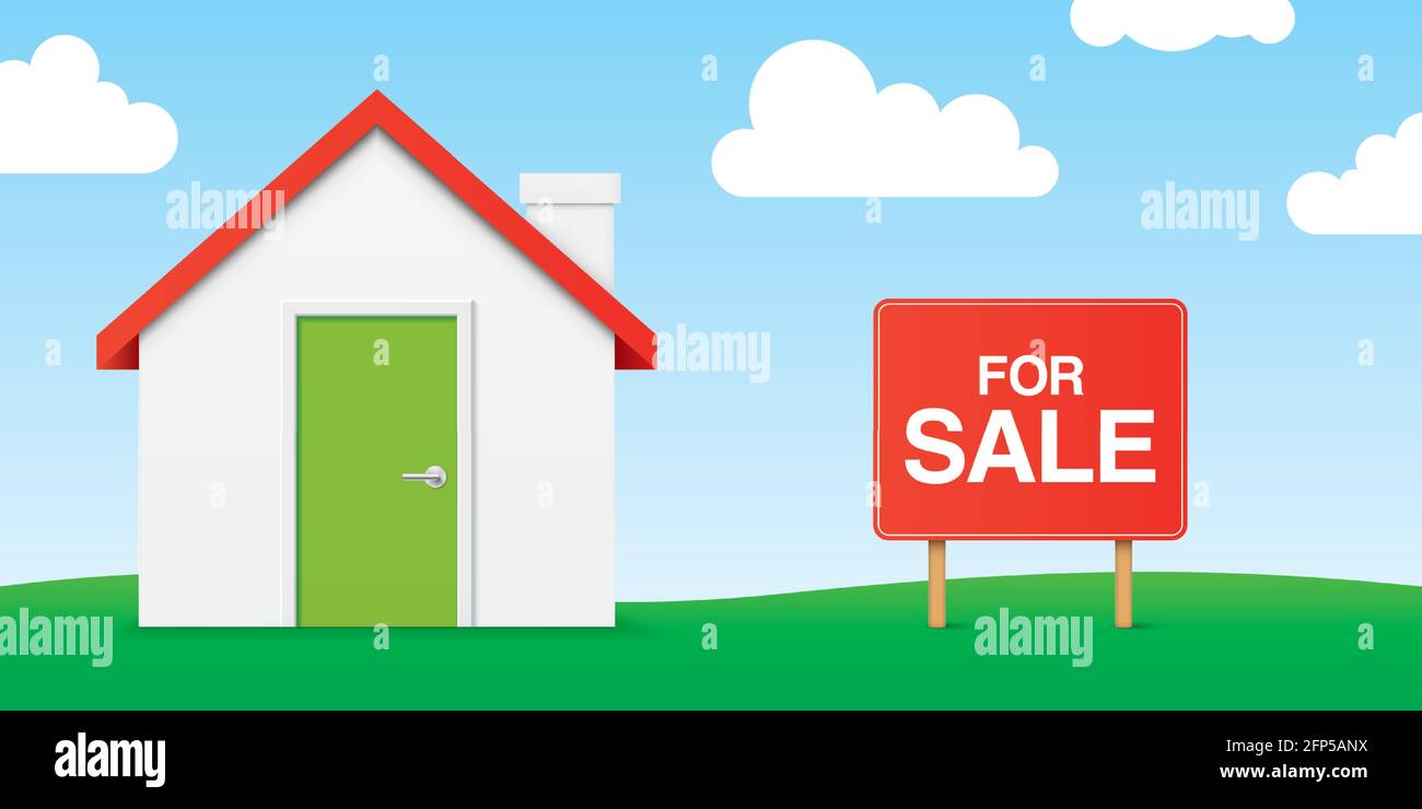 House for sale, horizontal banner vector design. Village house standing