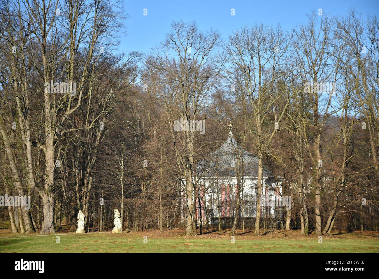 Landscape with panoramic view of Steinbichler Café Pavillon on the grounds of the 17th century Baroque Schloss Eggenberg in Graz, Austria. Stock Photo