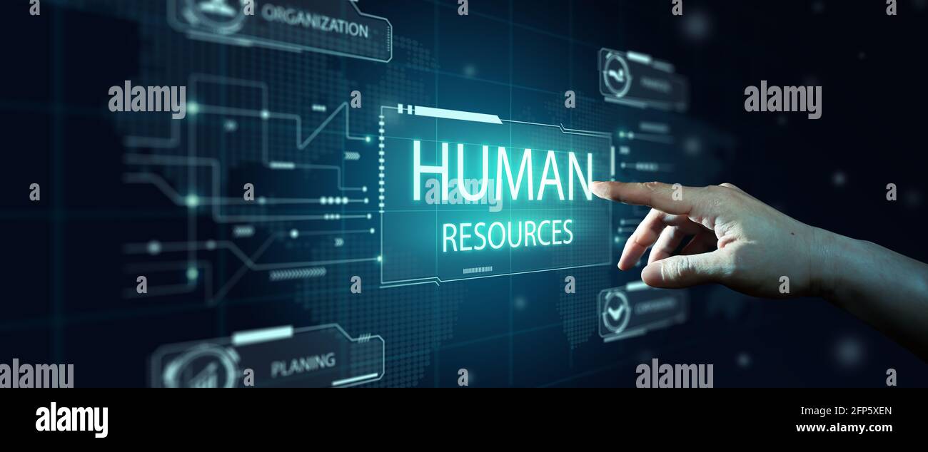 HR Futuristic and Officer hand with blue abstract background. Human