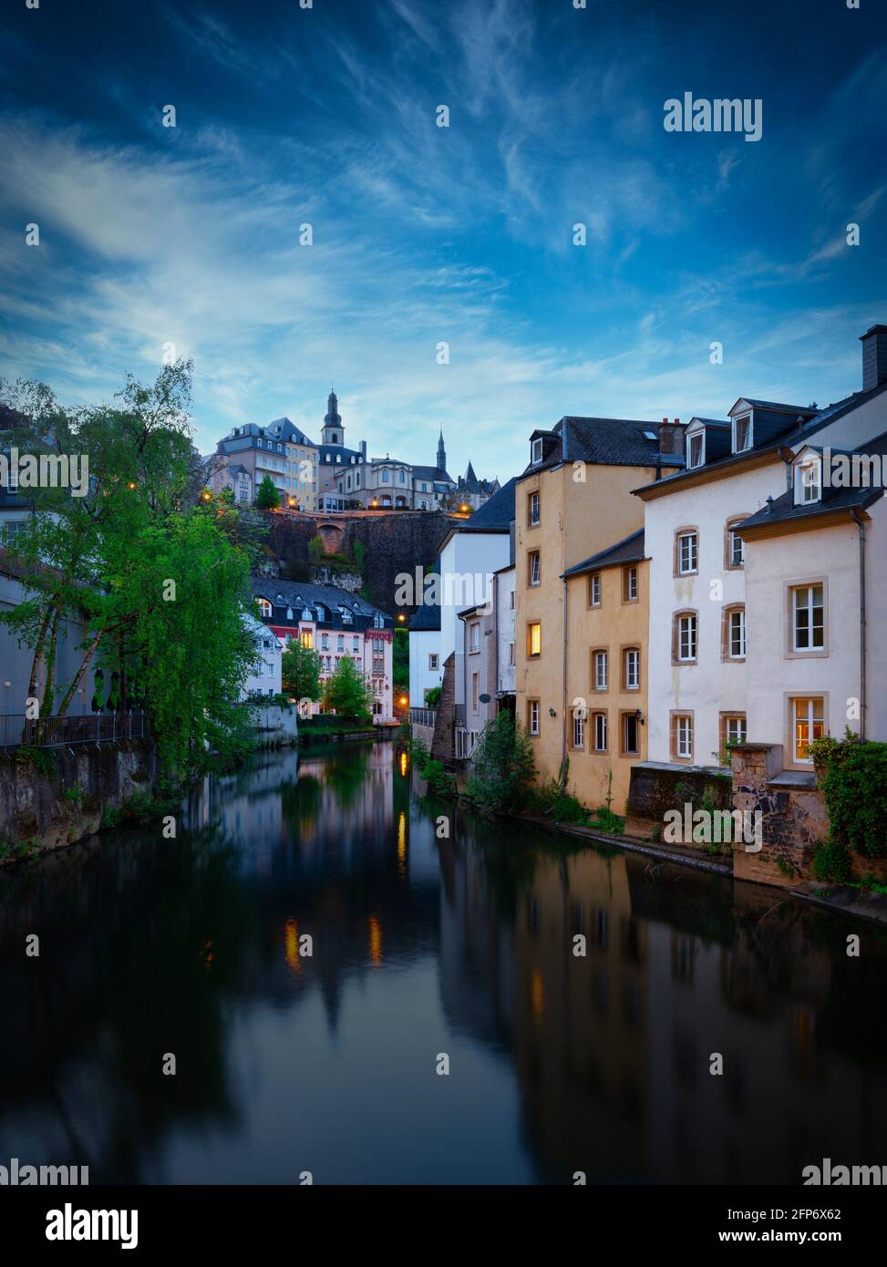 Alzette river in the evening with beautiful reflections, Luxembourg city , ground. Europe, Benelux region. Stock Photo