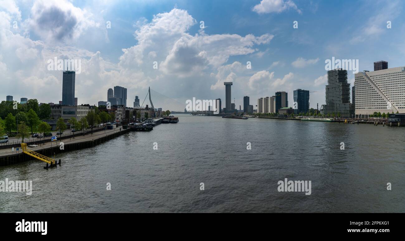 Rotterdam, Netherlands - 14 May, 2021: panorama cityscape view of the Nieuwe Maas River and downtown Rotterdam Stock Photo