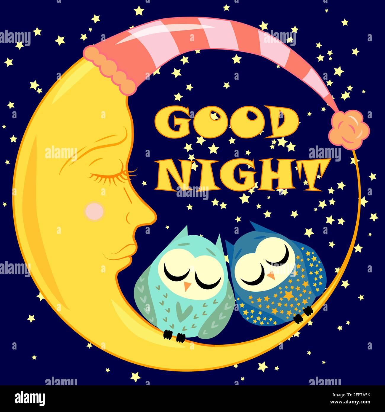 Good night. A postcard with a dozing crescent, two lovely cartoon owls and  text Stock Vector Image & Art - Alamy