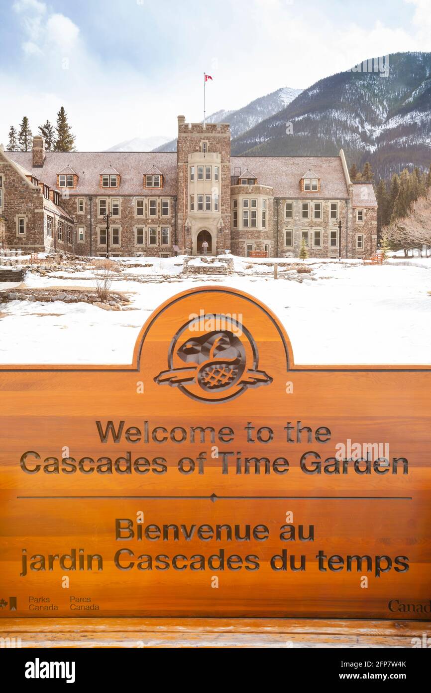Cascade Of Time Garden sign and Administration Building Stock Photo