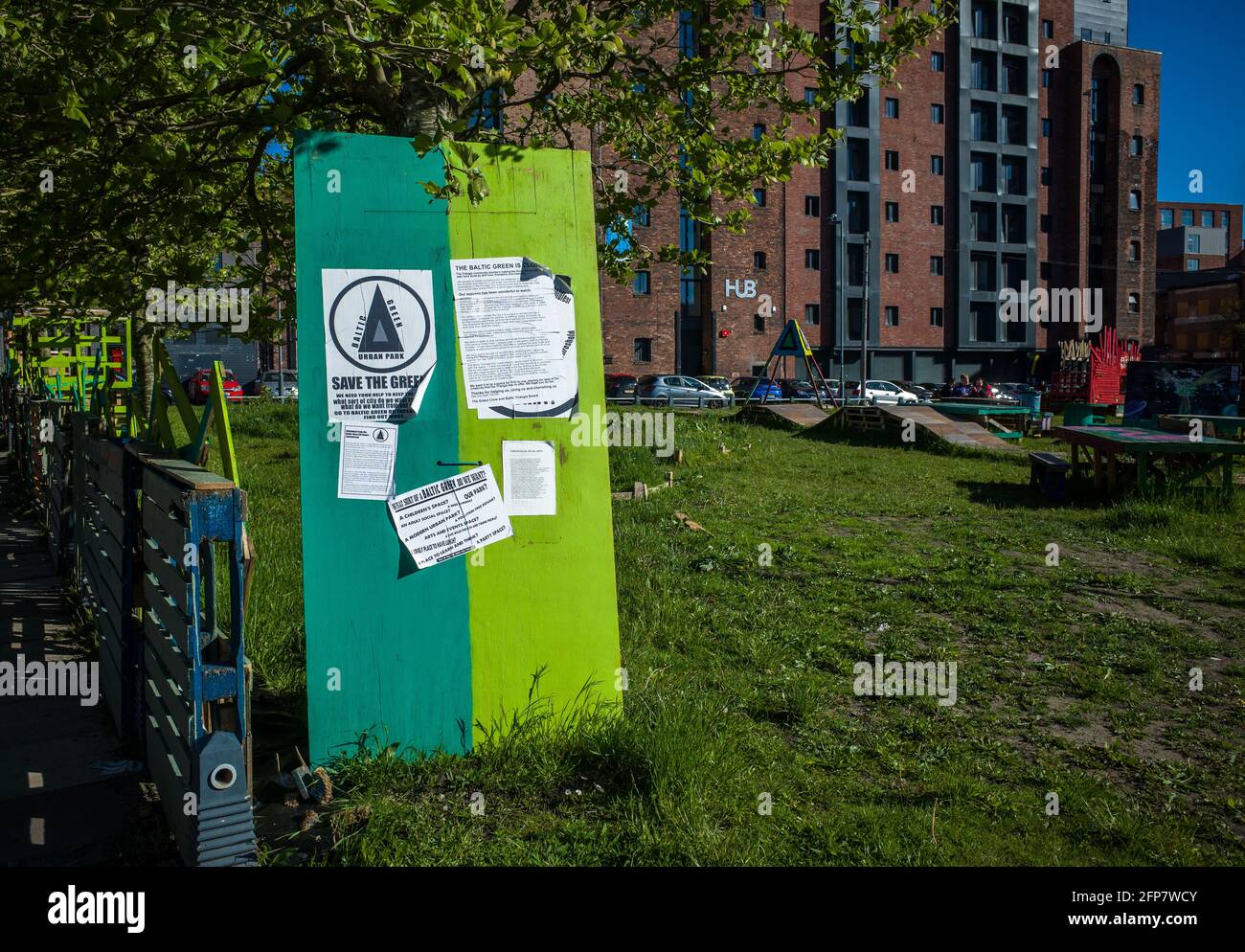 Liverpool May 19th  2021. Sign asking for ideas on what type of use  people want for the Baltic Green, a public space under thret in Liverpool, the Ba Stock Photo