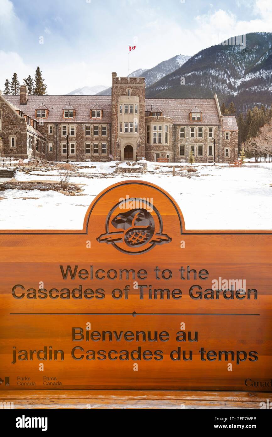 Cascade Of Time Garden sign and Administration Building Stock Photo