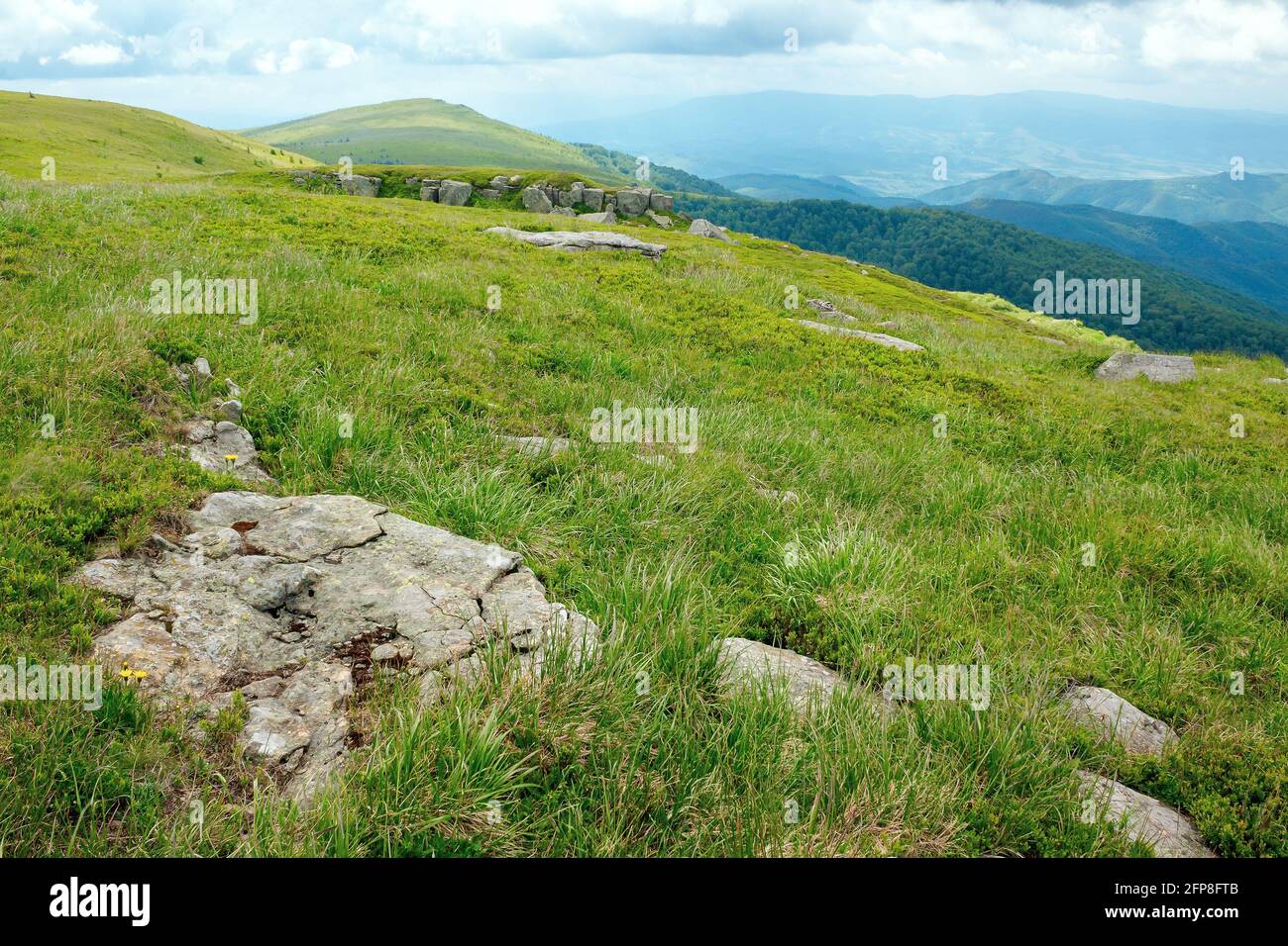 stones on the hill of mountain meadow. beautiful summer landscape with ...
