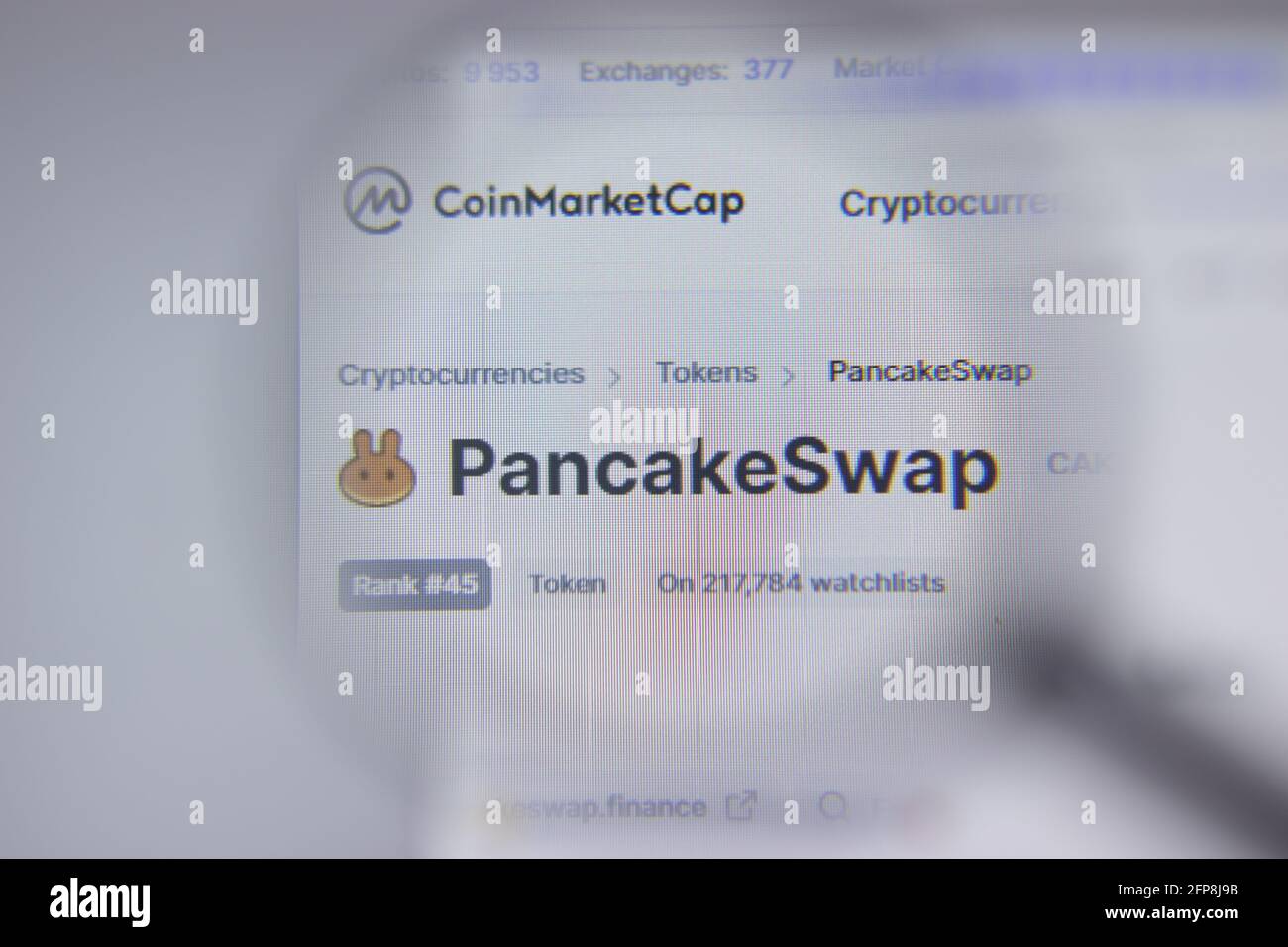 New York, USA 1 May 2021 PancakeSwap CAKE cryptocurrency logo close