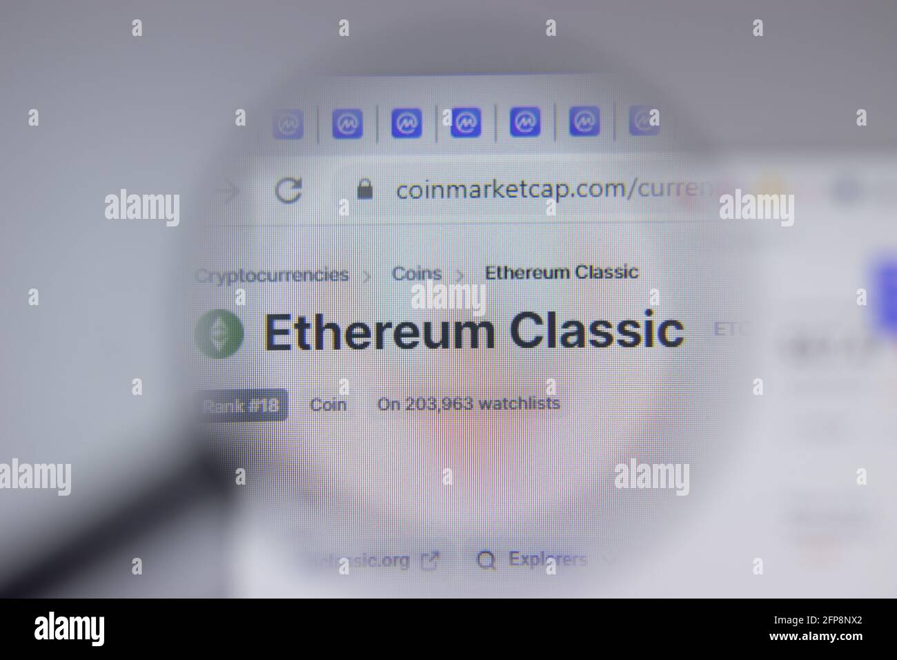 New York, USA - 1 May 2021: Ethereum Classic ETC cryptocurrency logo close-up on website page, Illustrative Editorial Stock Photo