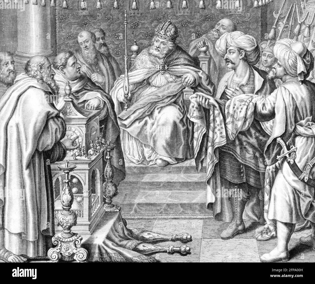 Frederick I, Holy Roman Emperor. Frederick Barbarossa (1122-1190) looking at a scientific instrument, etching after a tapestry by Peter de Witte, 1699 Stock Photo