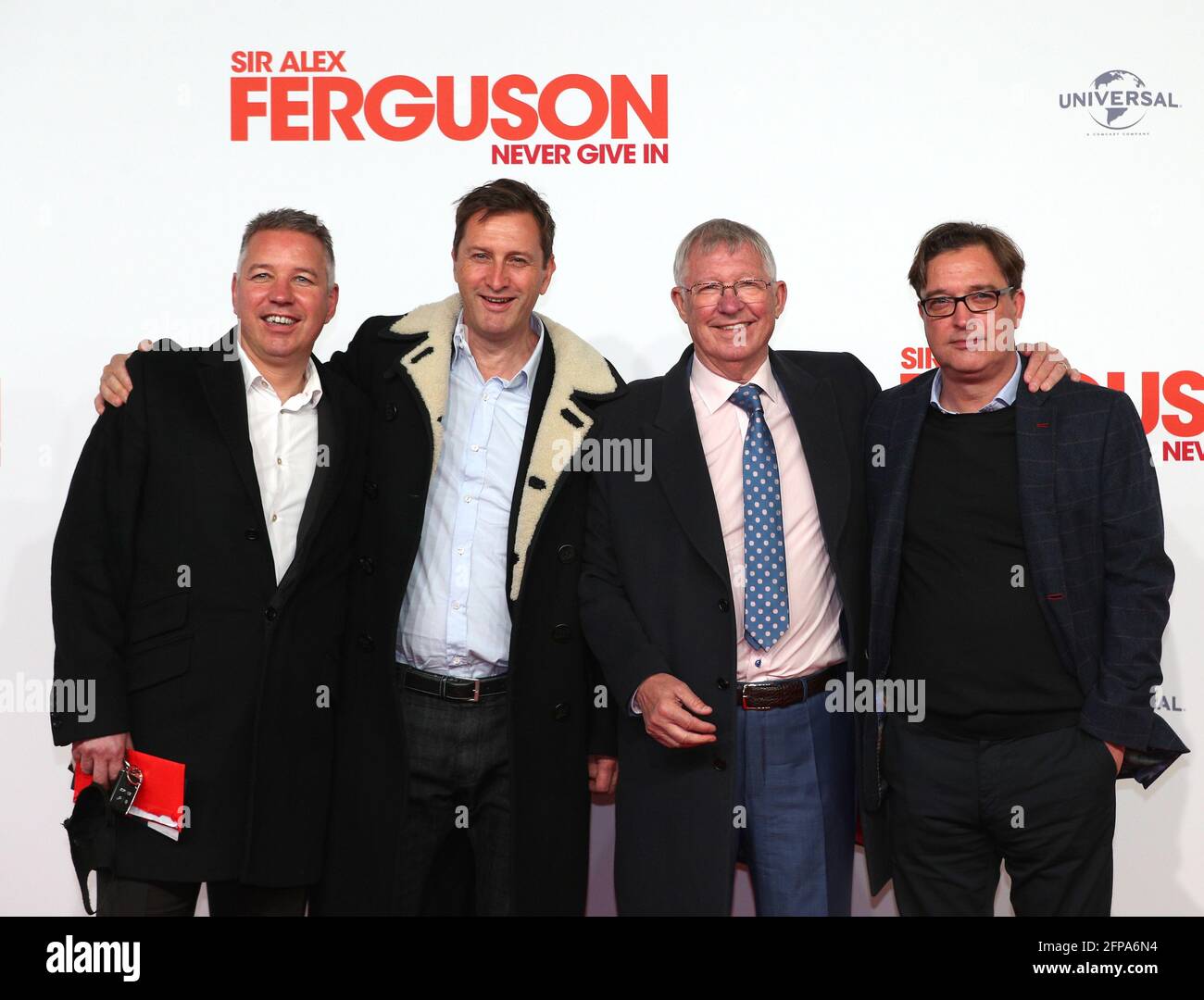 left to right) Sir Alex Ferguson and his sons Darren, (left), Mark and  Jason (right) at the premiere screening of Sir Alex's doucmentary, Sir Alex  Ferguson: Never Give In, at Old Trafford.