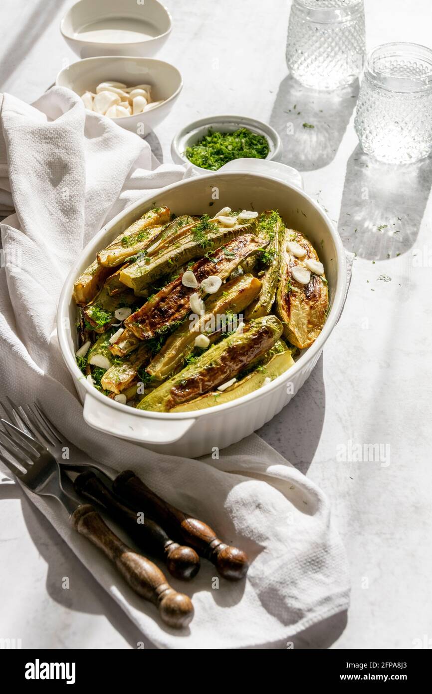 Ready to eat grilled zucchini, summer tasty appetizing Stock Photo