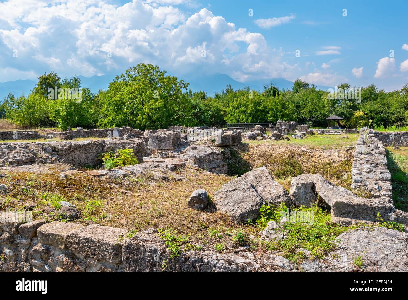 Ruins of Episcopal Basilica at the Archaeological Park of Dion. Mount Olympus is in the background. Pieria, Macedonia, Greece Stock Photo