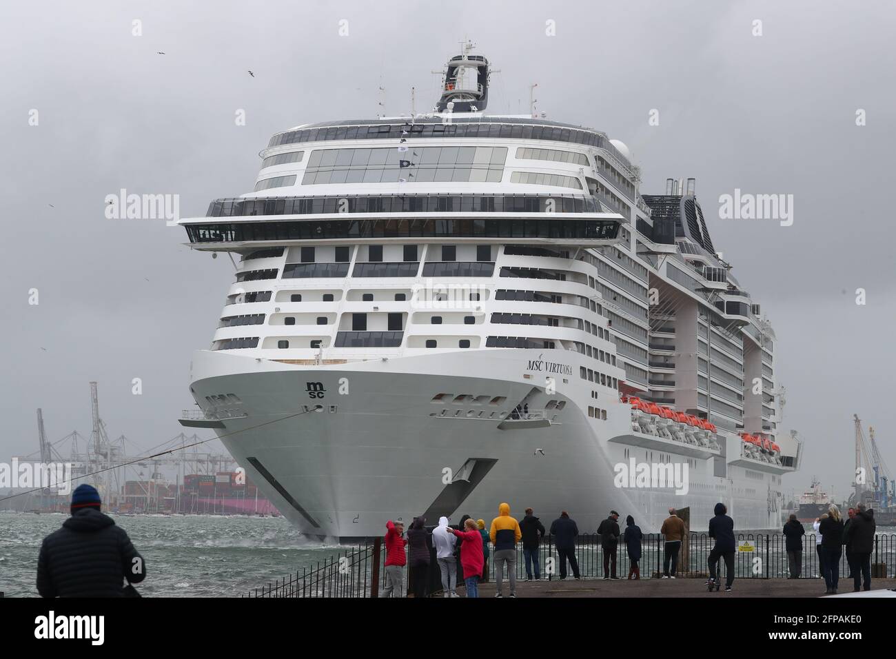 Southampton, Hampshire, UK. 20th May, 2021. Cruise ship MSC Virtuosa departs Southampton Docks carrying the first UK cruise passengers since the Covid 19 pandemic brought the cruise industry to a standstill. Domestic cruises were permitted in England from the 17th May. Credit: Stuart Martin/Alamy Live News Stock Photo
