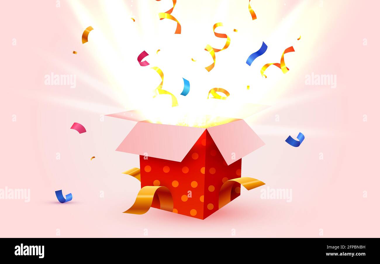 Cute Surprise Gift Box With Falling Confetti. Present box as prize