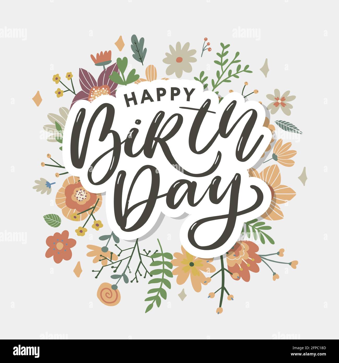 Beautiful happy birthday greeting card with flowers and bird. Vector ...