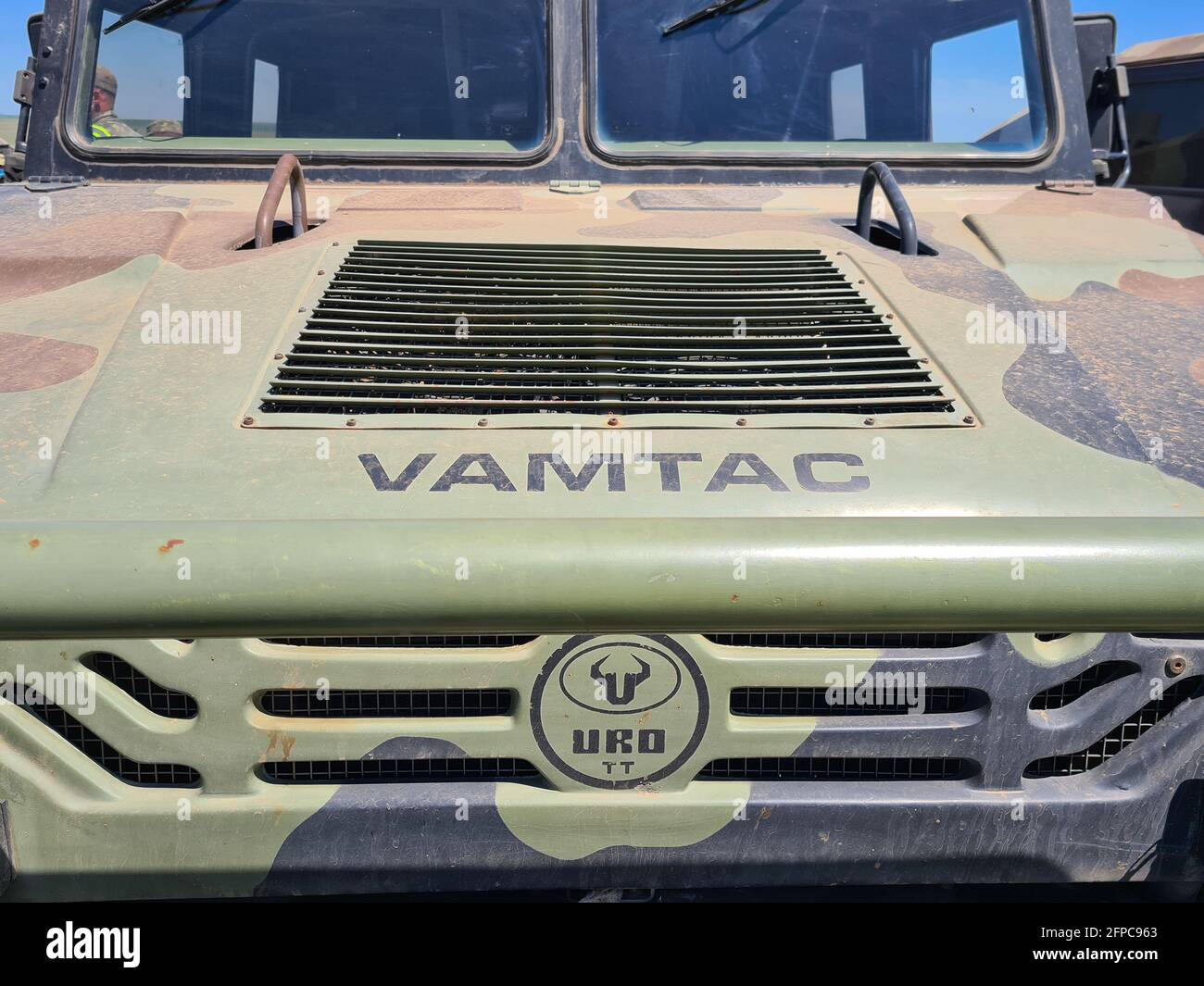 Smardan, Romania - May 11, 2021: Details with the logo of a Romanian Army Uro Vamtac armored vehicle. Stock Photo