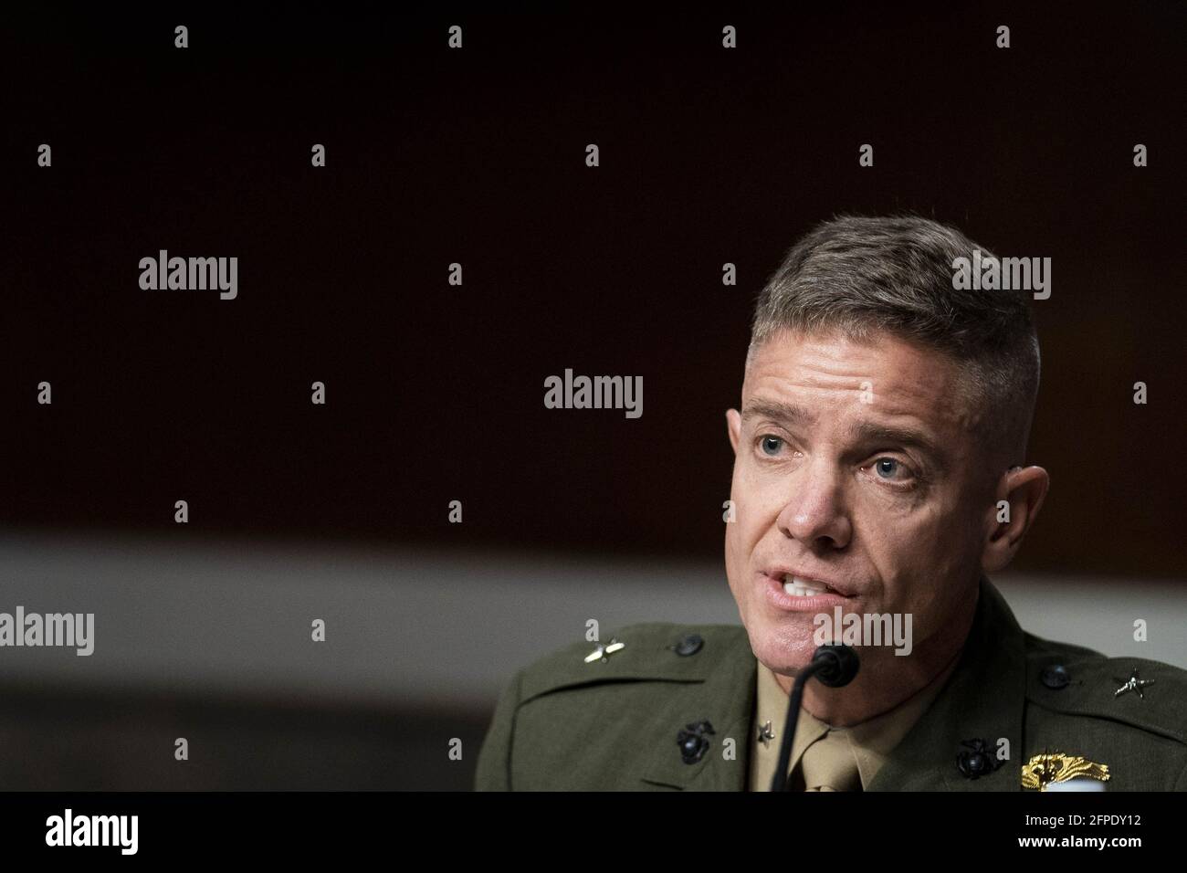 Washington, United States. 20th May, 2021. Marine Corps Brig. Gen. Matthew G. Trollinger, deputy director for politico-military affairs for the Joint Staff, speaks during a Senate Armed Services Committee hearing on 'the transition of all United States and Coalition forces from Afghanistan and its implications,' on Capitol Hill in Washington, DC on Thursday, May 20, 2021. David F. Helvey, acting assistant Defense secretary for Indo-Pacific affairs, also testified. Photo by Sarah Silbiger/UPI Credit: UPI/Alamy Live News Stock Photo