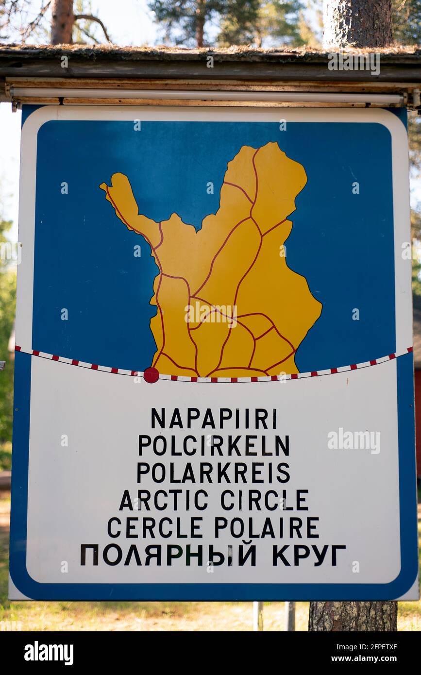 Information board with Map of northern Finland at the Arctic Circle Stock Photo