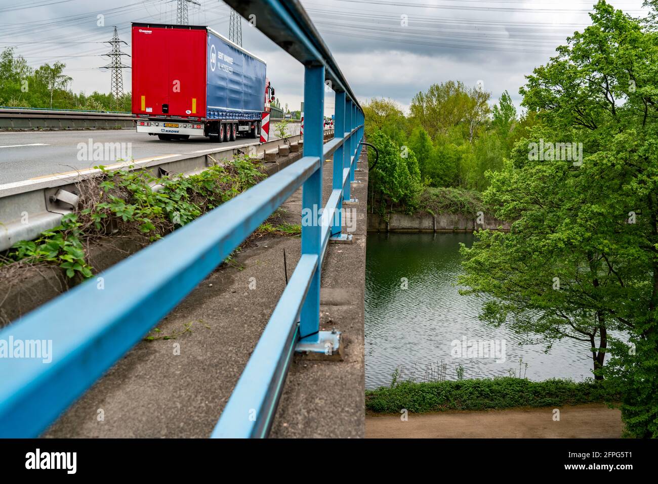 Motorway bridge of the A43, built in 1965, over the Rhine-Herne Canal, the bridge has major damage, steel girders have sagged, driving ban for trucks Stock Photo